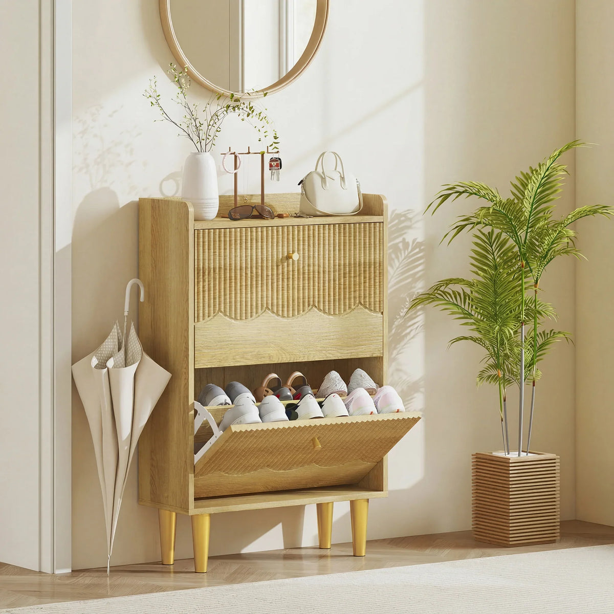 Oak-finish slim shoe cabinet with two flip drawers, open storage for shoes