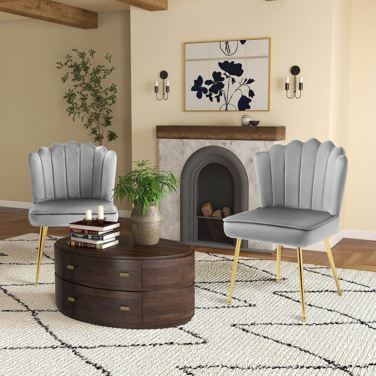 Grey velvet accent chairs with shell back design and gold metal legs (set of 2)