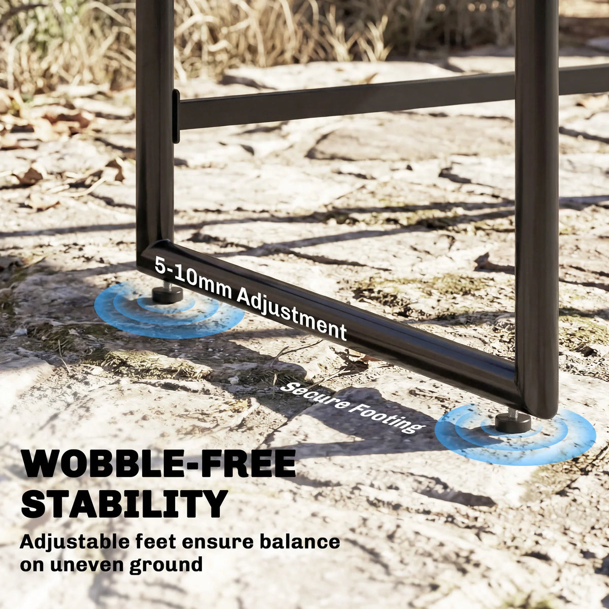 Black dining chair leg with adjustable feet for stability on uneven ground
