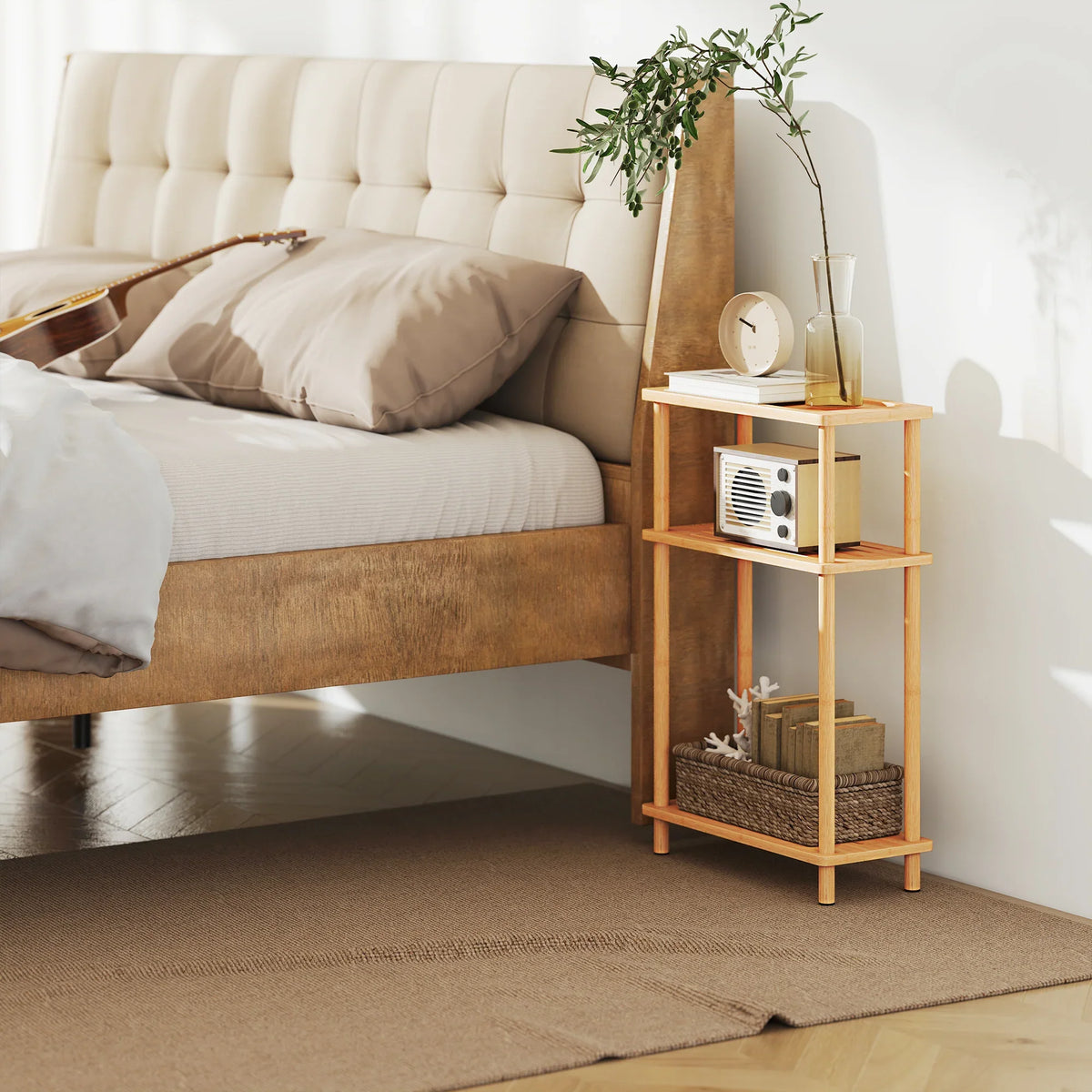 Natural bamboo narrow side table with three tiers beside bed