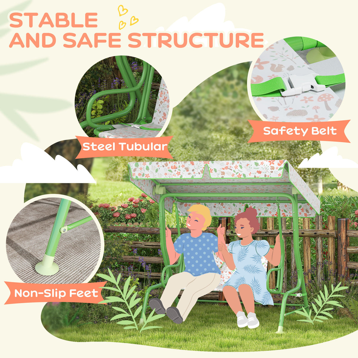 Green kids hammock swing bench with steel frame, non-slip feet, and safety belt