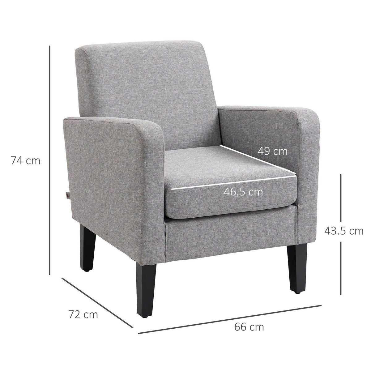 Light grey upholstered accent chair, single seat cushion and wide armrests