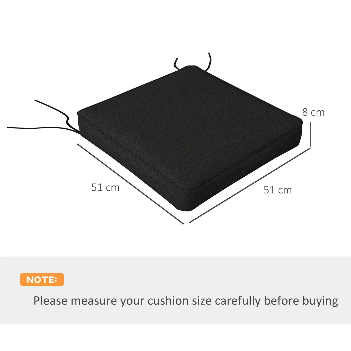 Black square outdoor chair cushion with ties, shown with size measurements