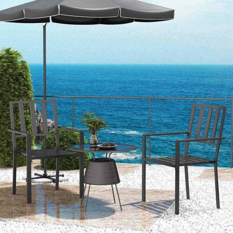 Black metal patio dining chair with slatted backrest, slatted seat, and armrests