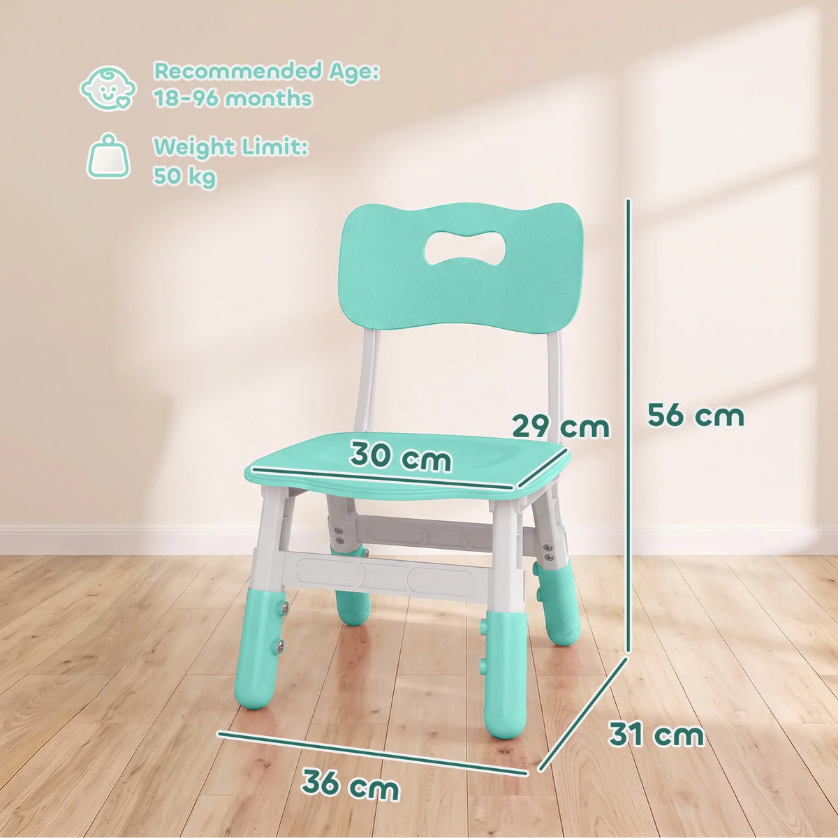 Adjustable kids chair with backrest, mint seat and white legs with height markings