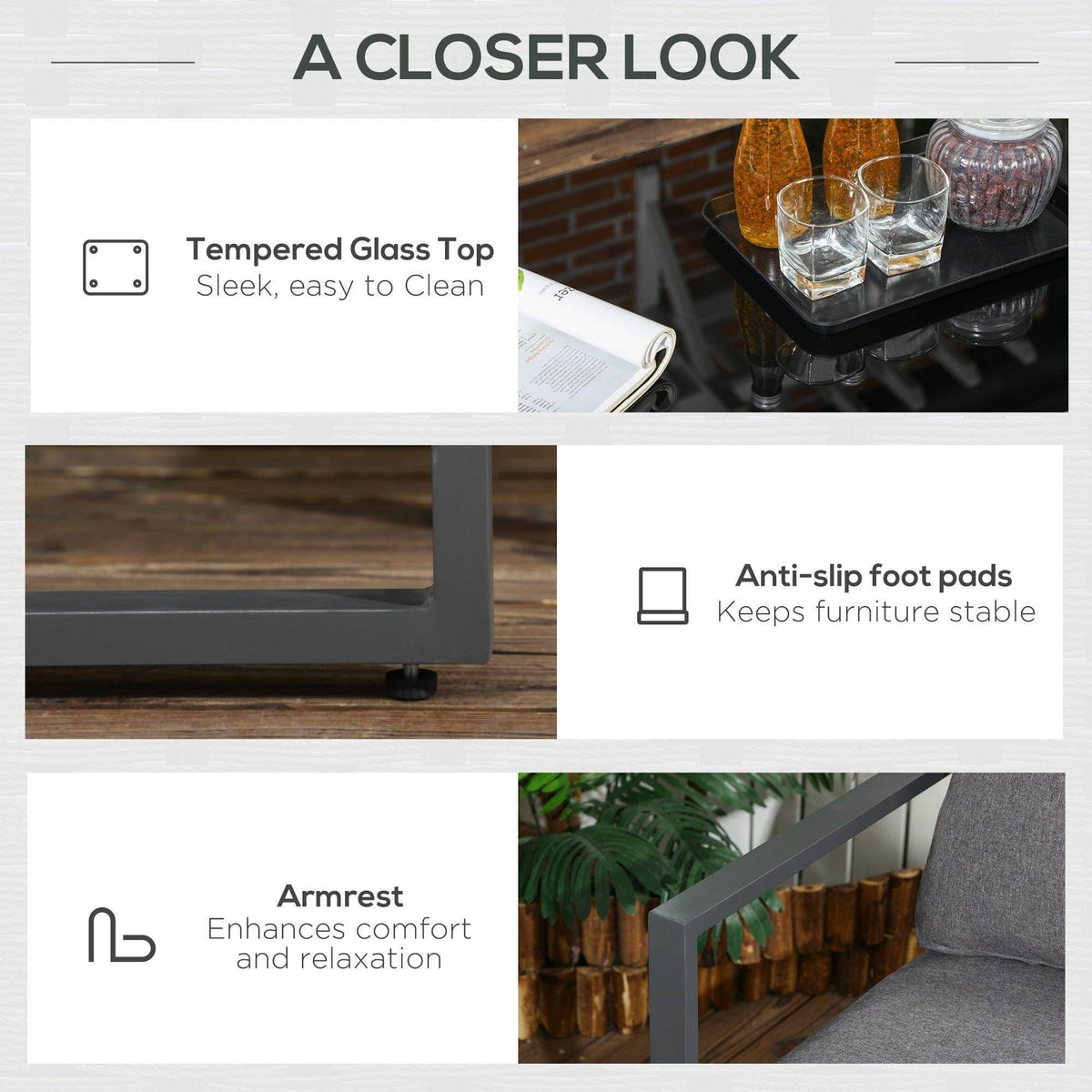 Tempered glass tabletop on dark aluminum table with anti-slip foot pads