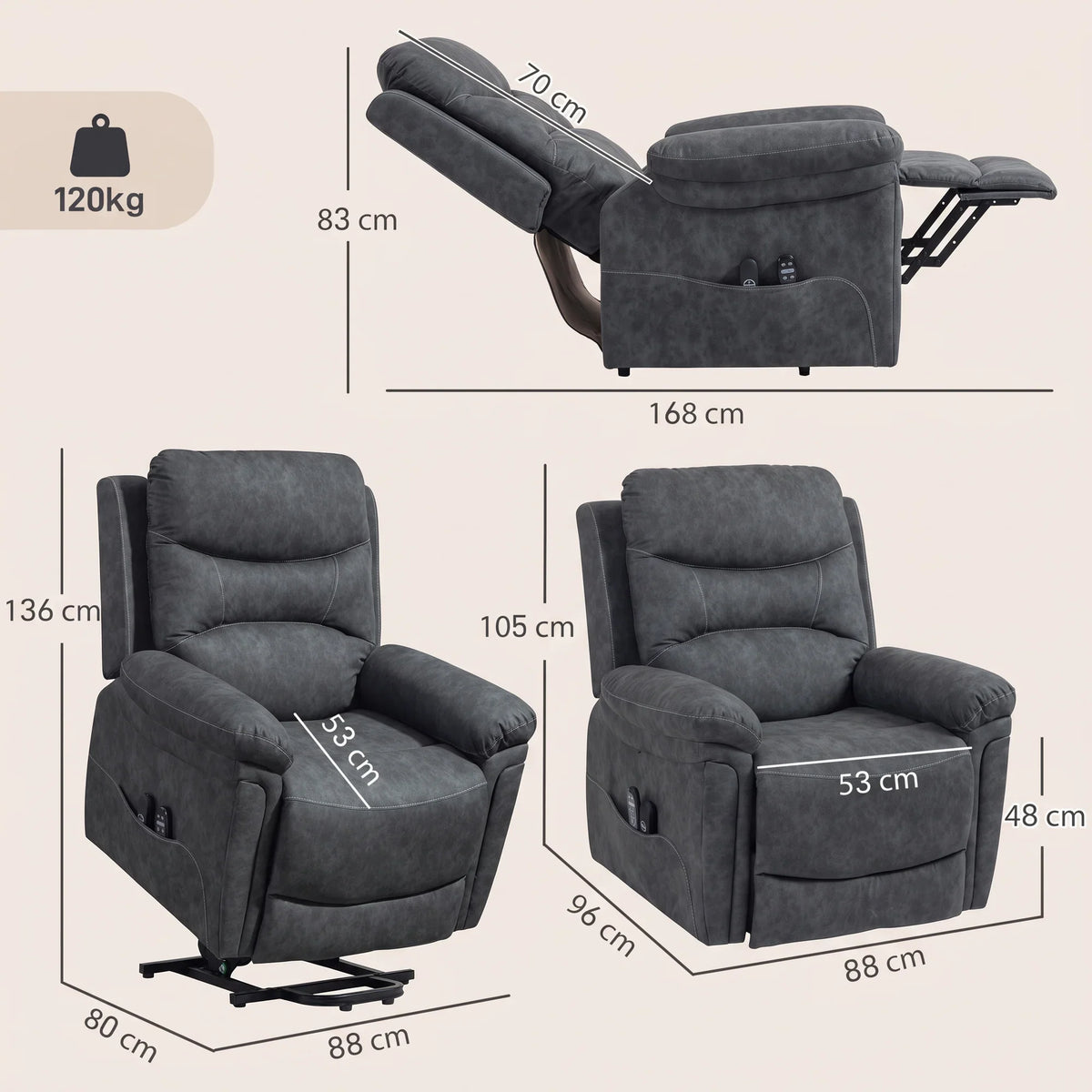 Grey electric lift recliner chair with padded armrests and recline footrest