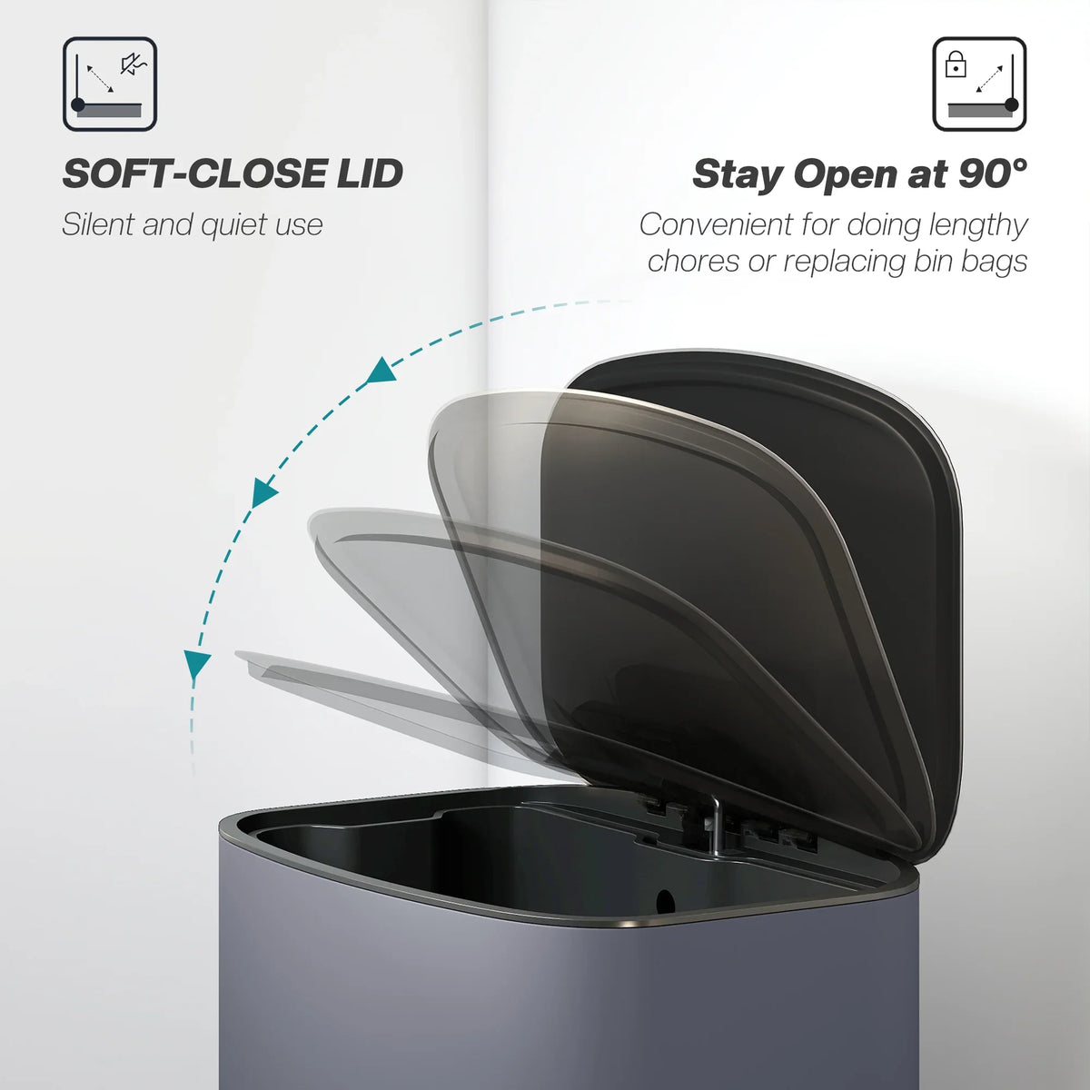 Grey kitchen trash can with open soft-close lid at 90 degrees