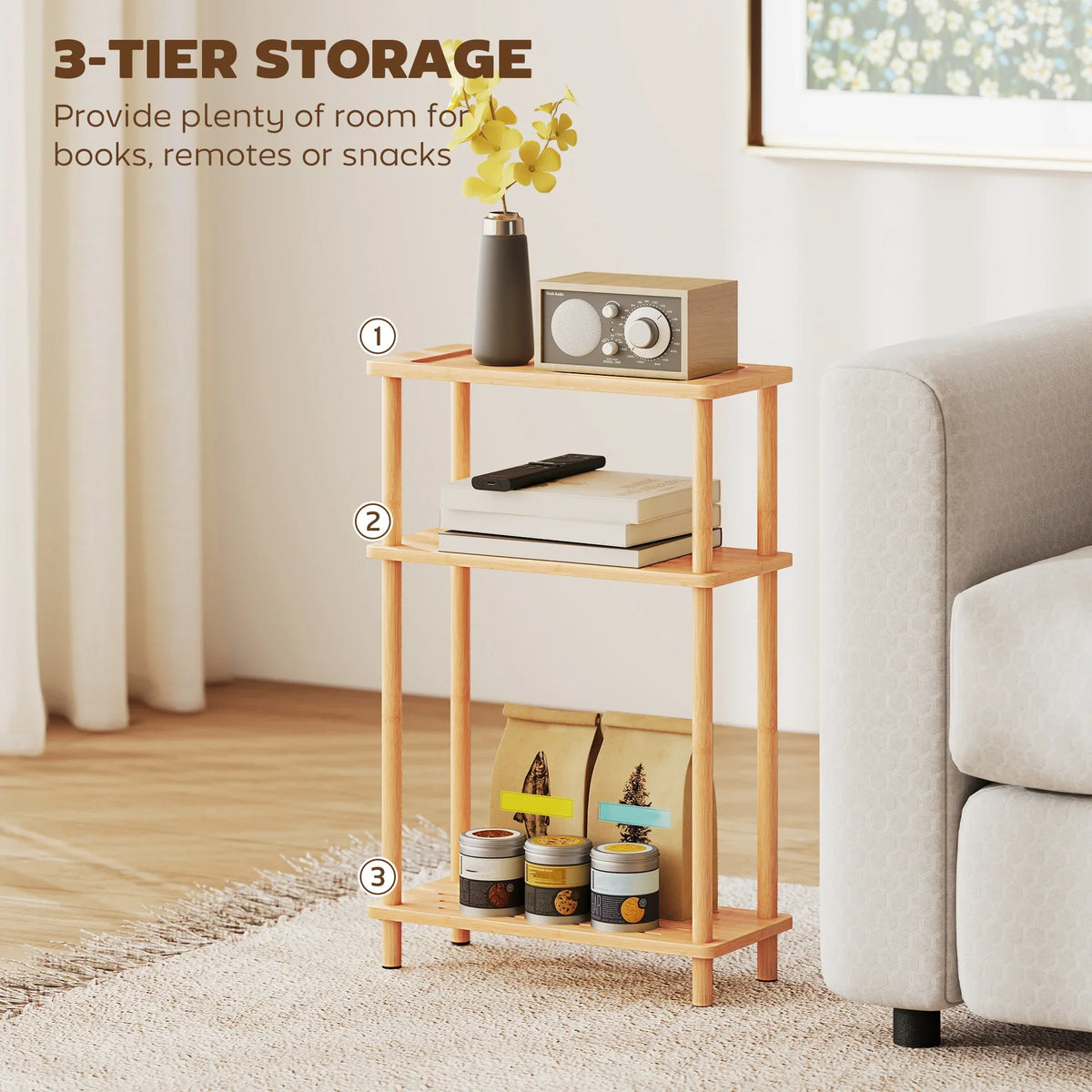 Bamboo 3-tier storage side table with open shelves for small items