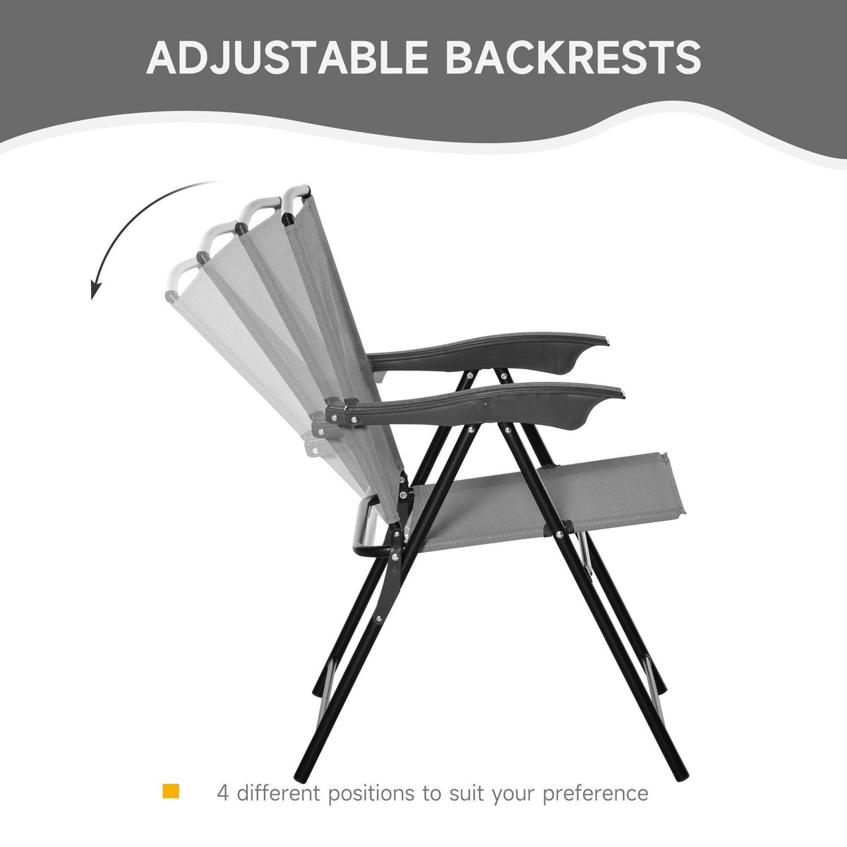 Grey mesh patio chair with adjustable backrest and folding frame