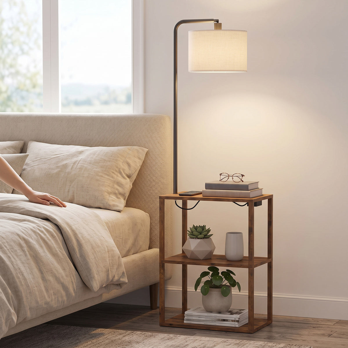 Brown floor lamp with 3-tier storage shelf and fabric shade, black metal frame
