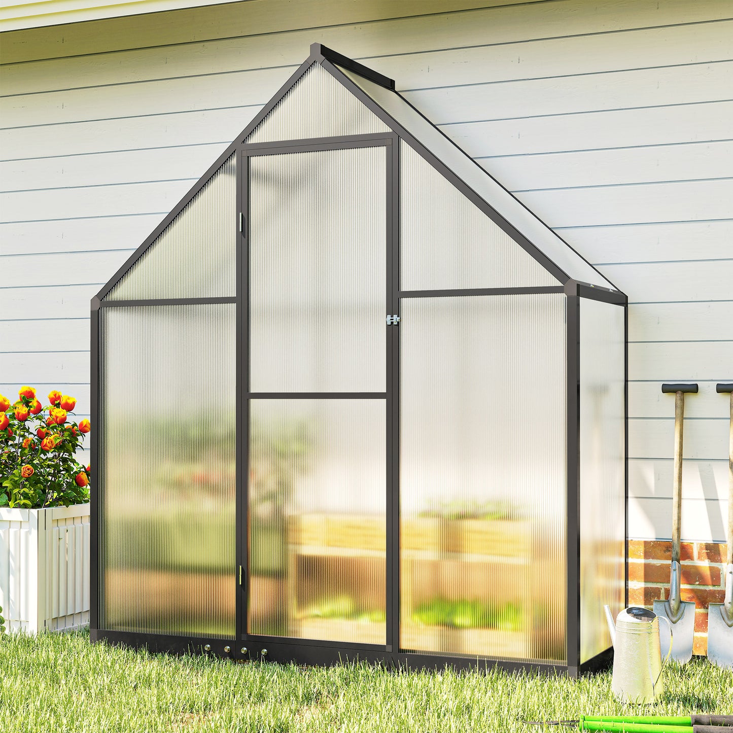 Outsunny Polycarbonate Greenhouse With Swing Door And Adjustable Window Walk In 5.5 Feet By 2 Feet Black