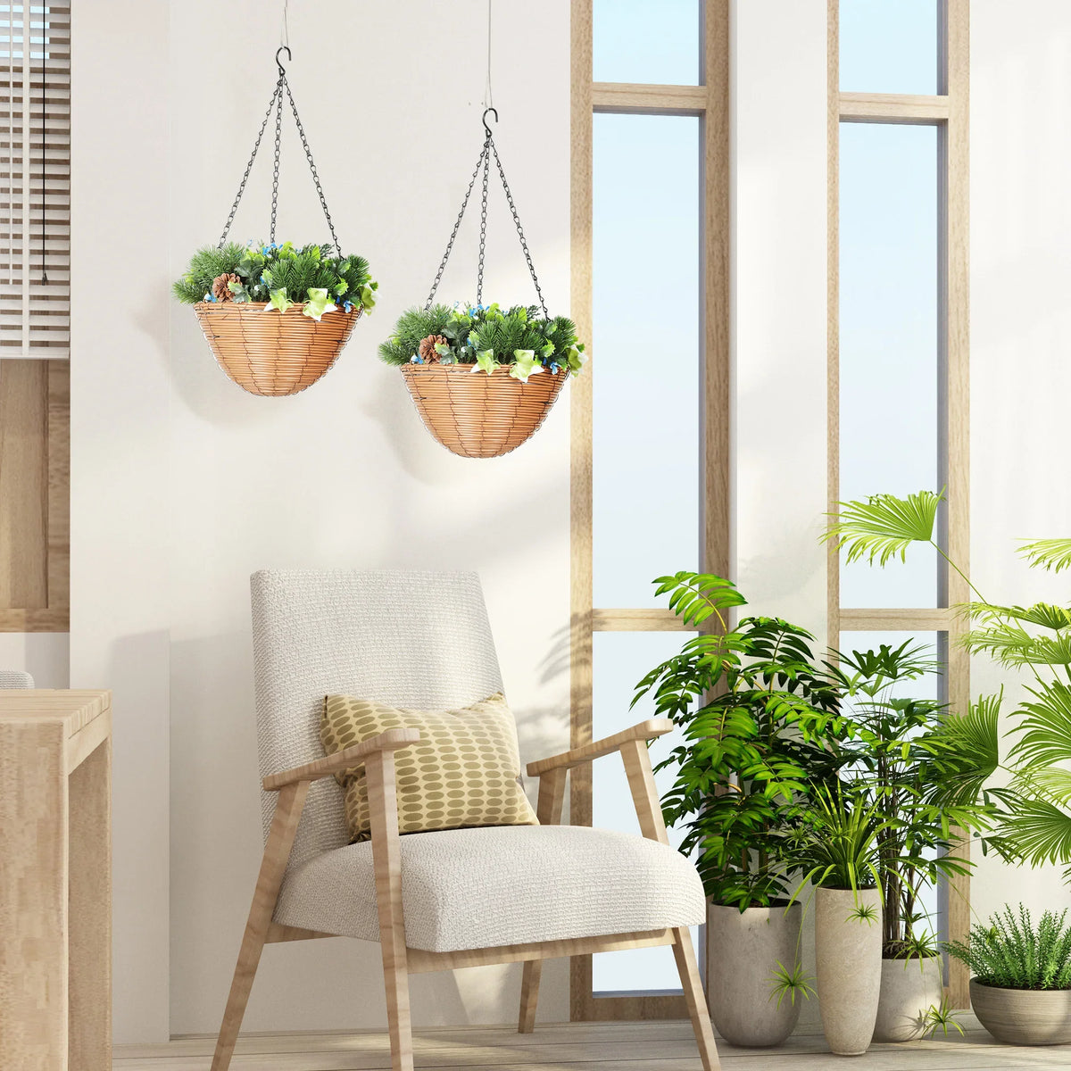Two hanging faux flower baskets with green leaves and blue blossoms above patio chair area