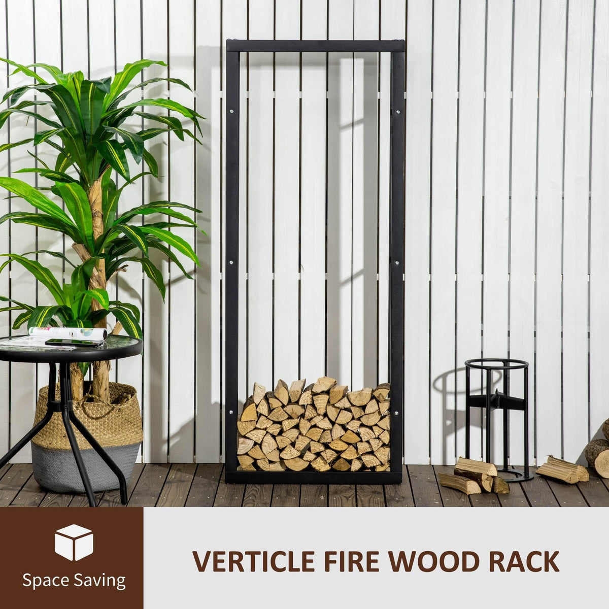Black firewood rack filled with stacked logs and open vertical slat sides