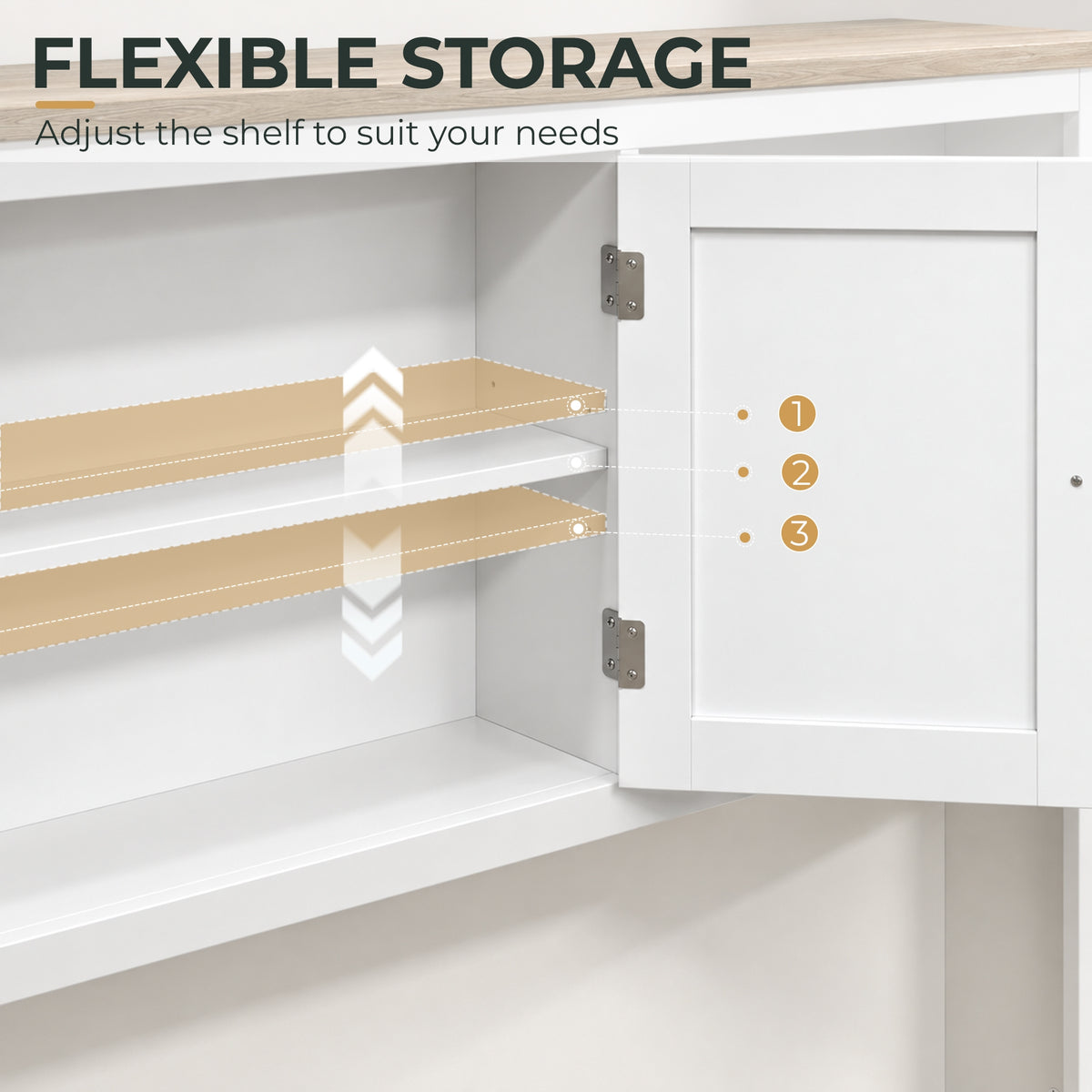 White cabinet interior showing adjustable shelves behind open door and hinge hardware