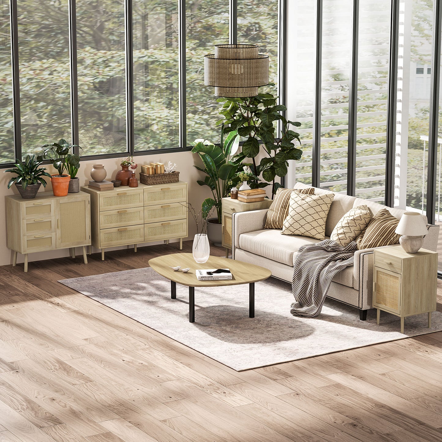 HOMCOM 6 Drawer Tall Chest Of Drawers With Rattan Element Oak Finish For Bedroom And Living Room