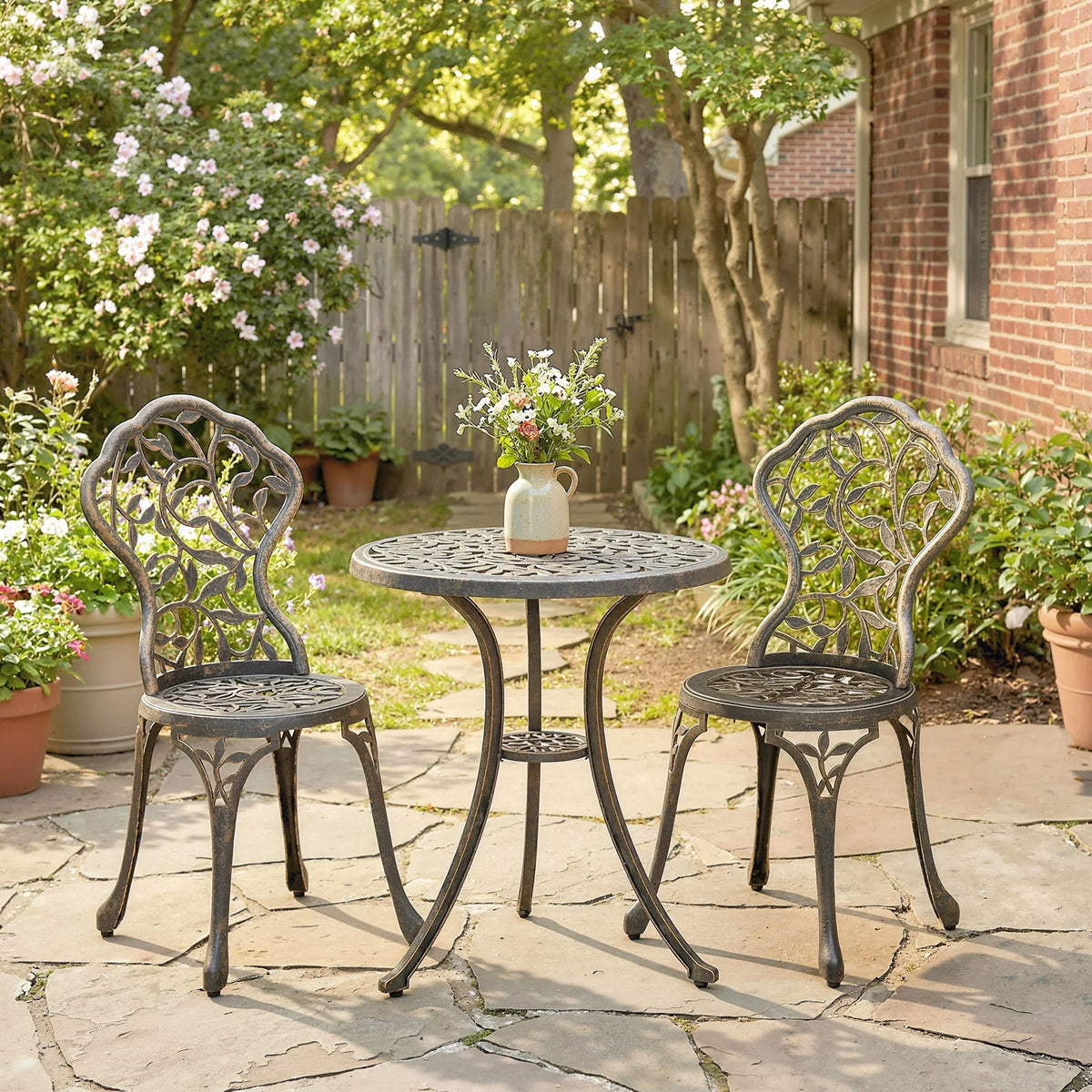 Three-piece bistro set: round table and two dark brown chairs on stone patio
