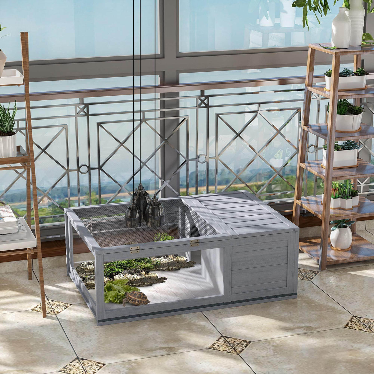 Grey wooden tortoise enclosure with wire mesh side panels and front access door