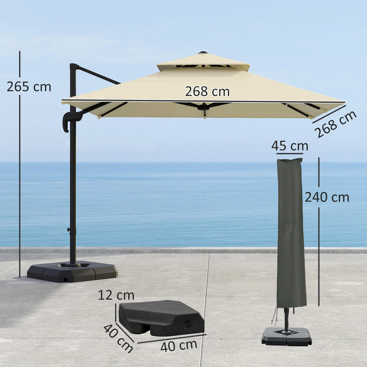 Khaki cantilever patio umbrella with aluminum frame, base and protective cover