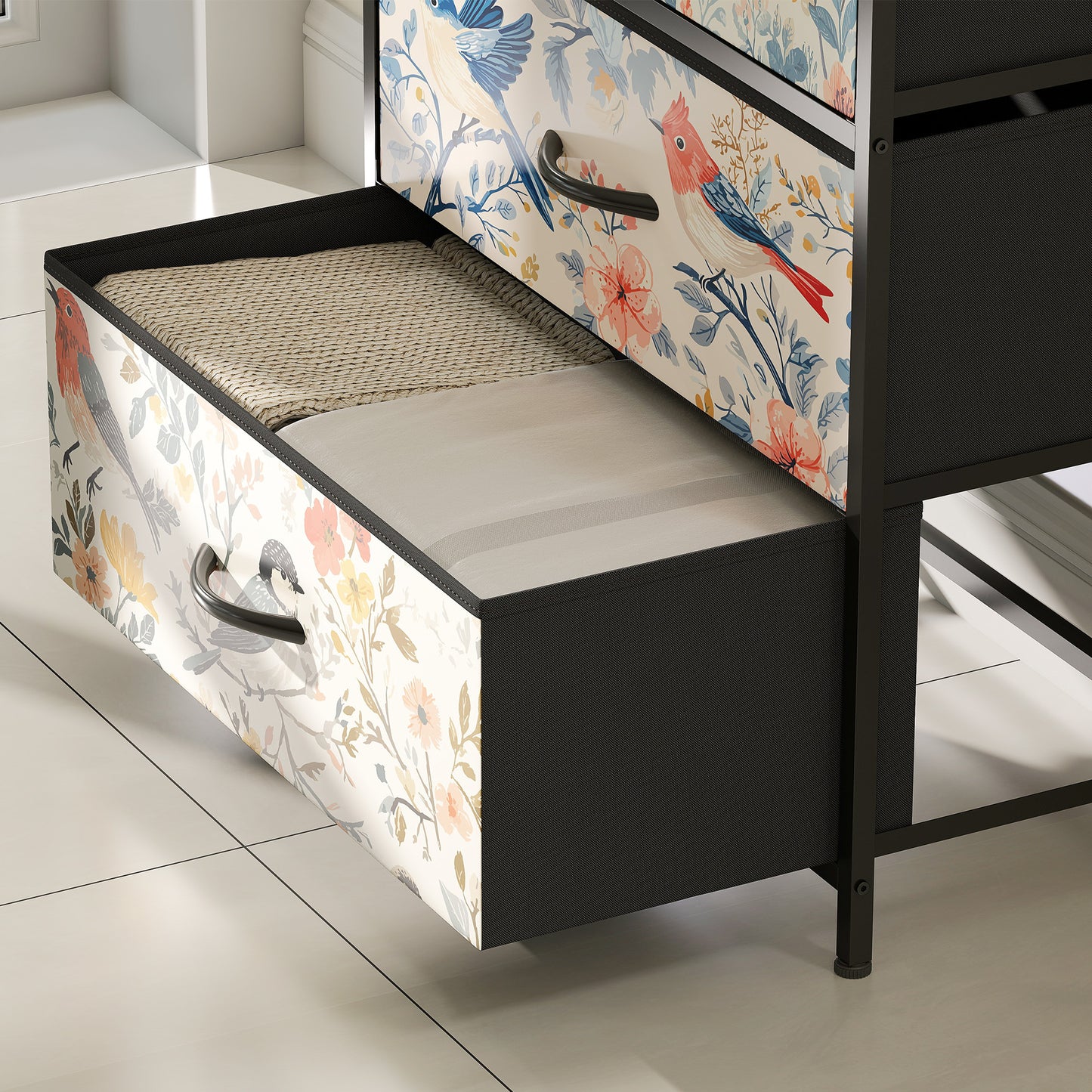 HOMCOM 4 Drawer Chest Of Drawers White With Removable Fabric Drawers And Patterned Panels