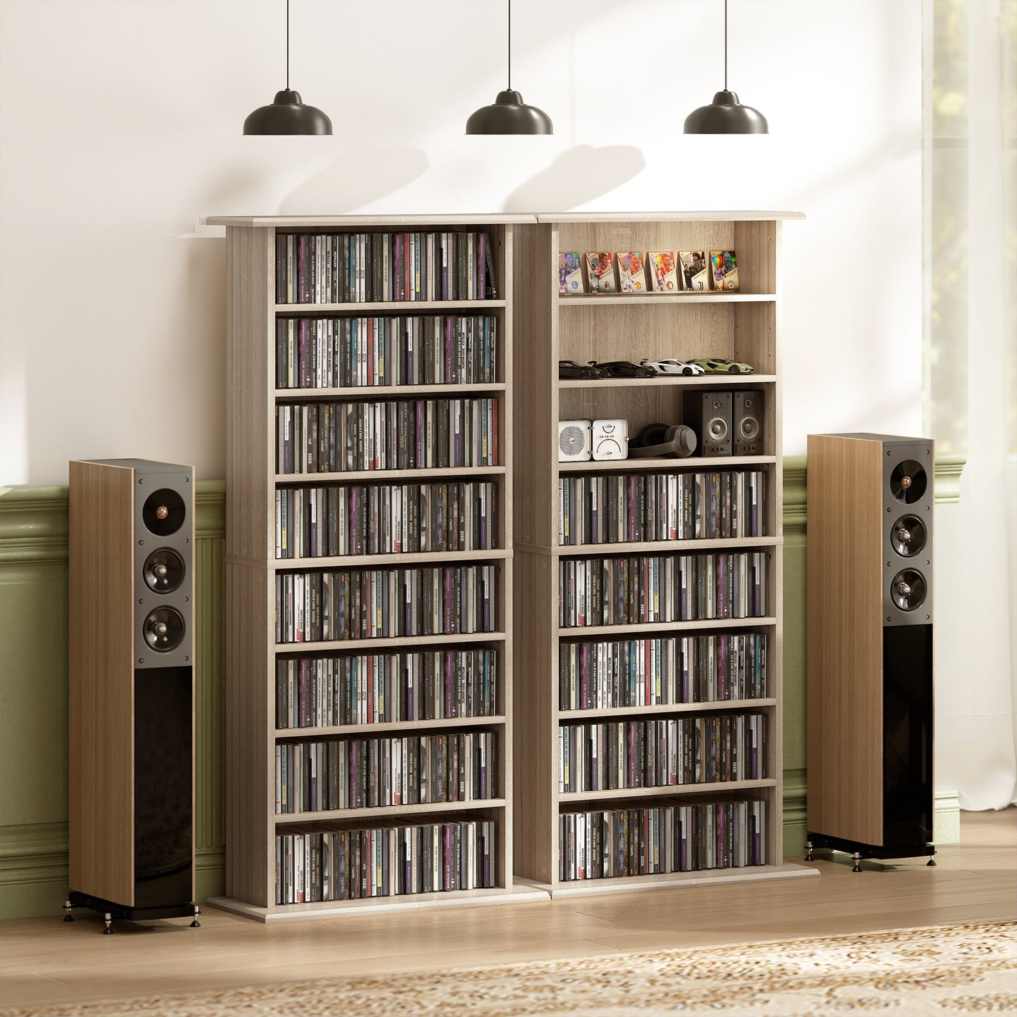 HOMCOM 360 CD DVD Storage Unit Natural Wood Finish With 8 Shelves Adjustable Shelf Space And Anti Tip Straps
