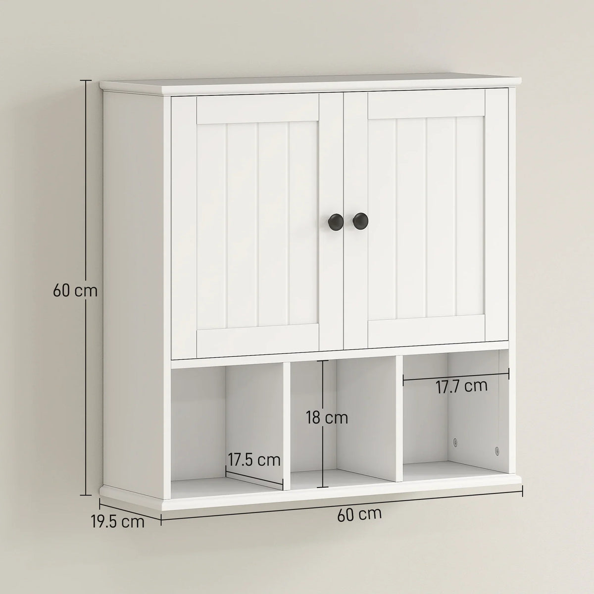 White wall cabinet with double doors and open shelf compartments, shown with dimensions.