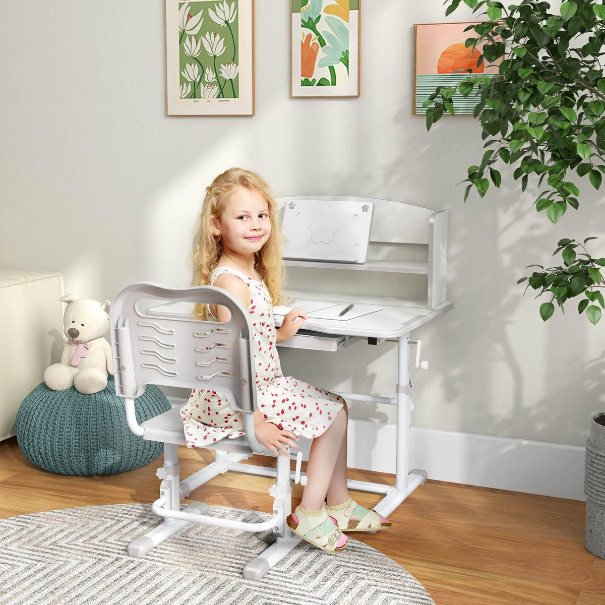Grey kids study table and chair set with adjustable height and storage shelf