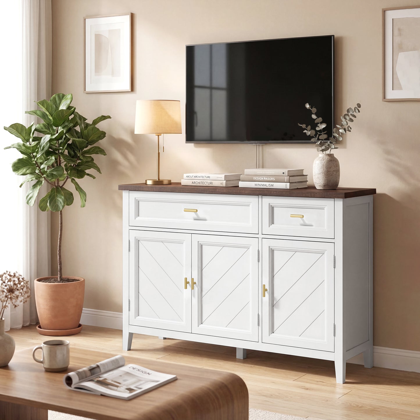 HOMCOM Modern White Sideboard With Three Doors Two Drawers And Adjustable Shelves For Storage