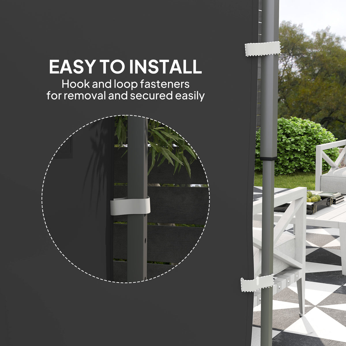 Black sidewall panel with hook-and-loop fasteners on support pole