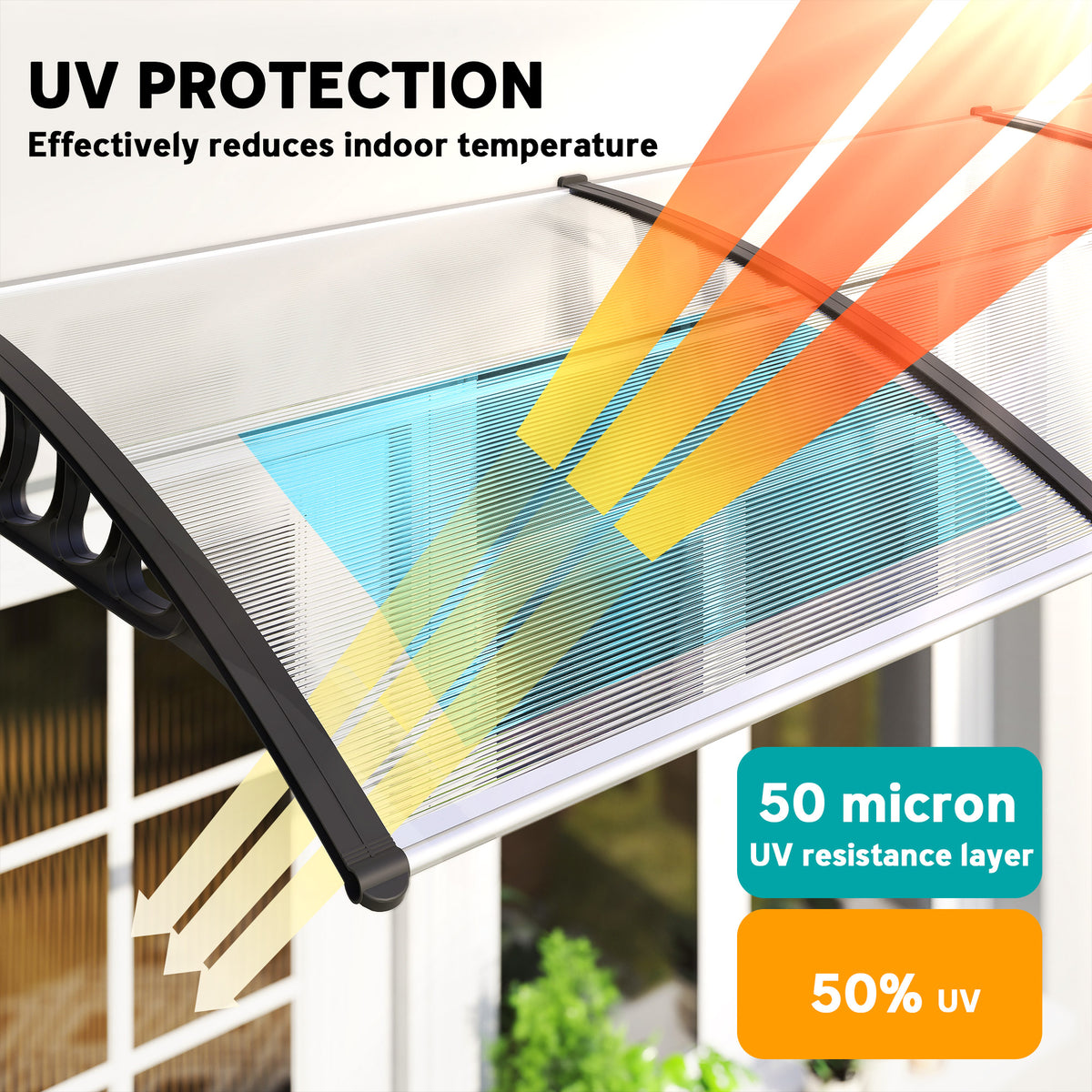 Clear front door awning panel with black curved supports for rain protection