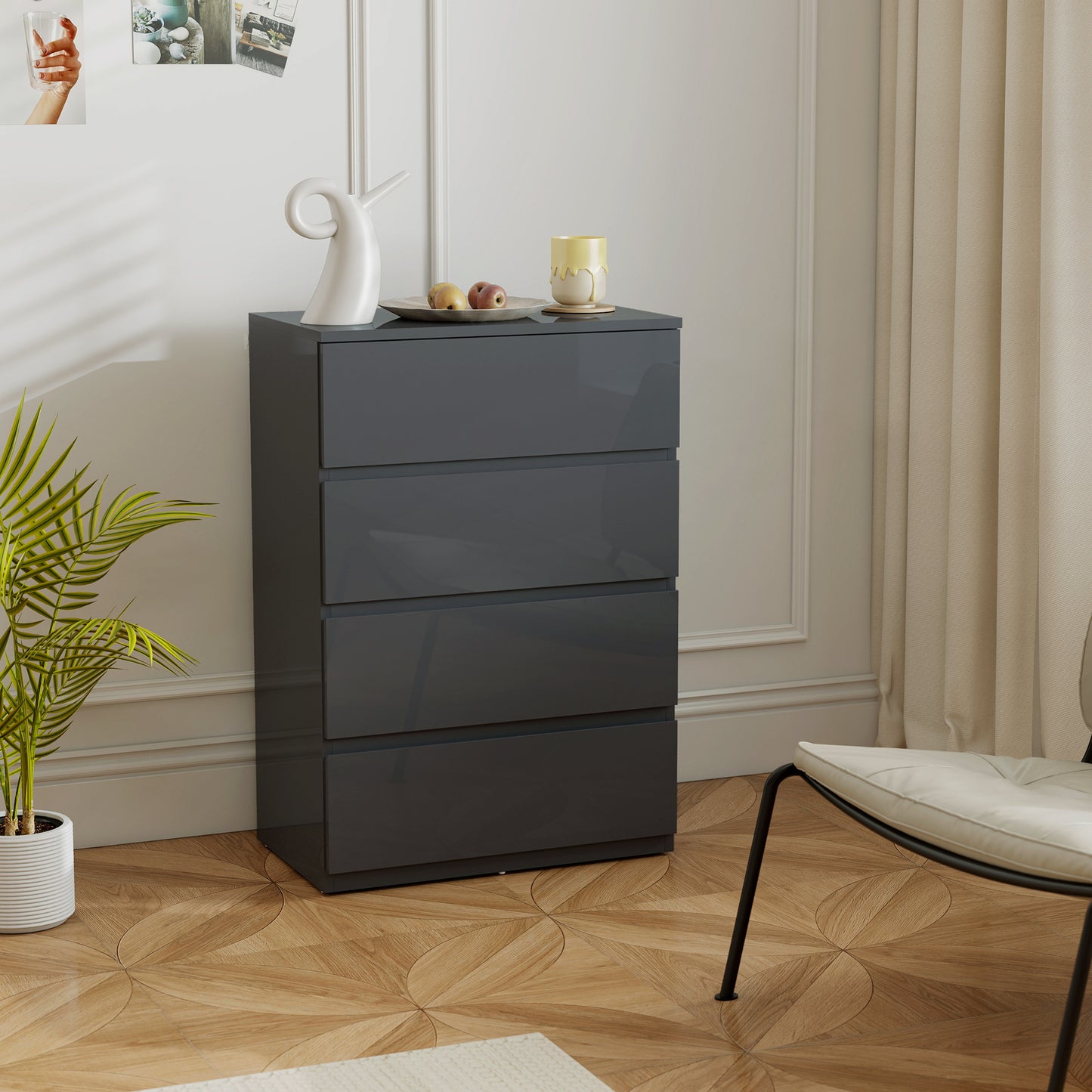 HOMCOM High Gloss Chest Of Drawers 4 Drawer Storage Cabinet Modern Bedroom Dresser Grey