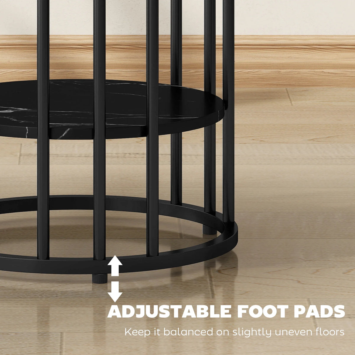 Round two-tier coffee table base with adjustable foot pads and black steel frame