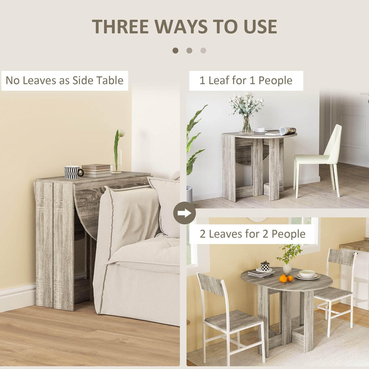 Grey folding drop-leaf dining table with leaf options for side table or dining