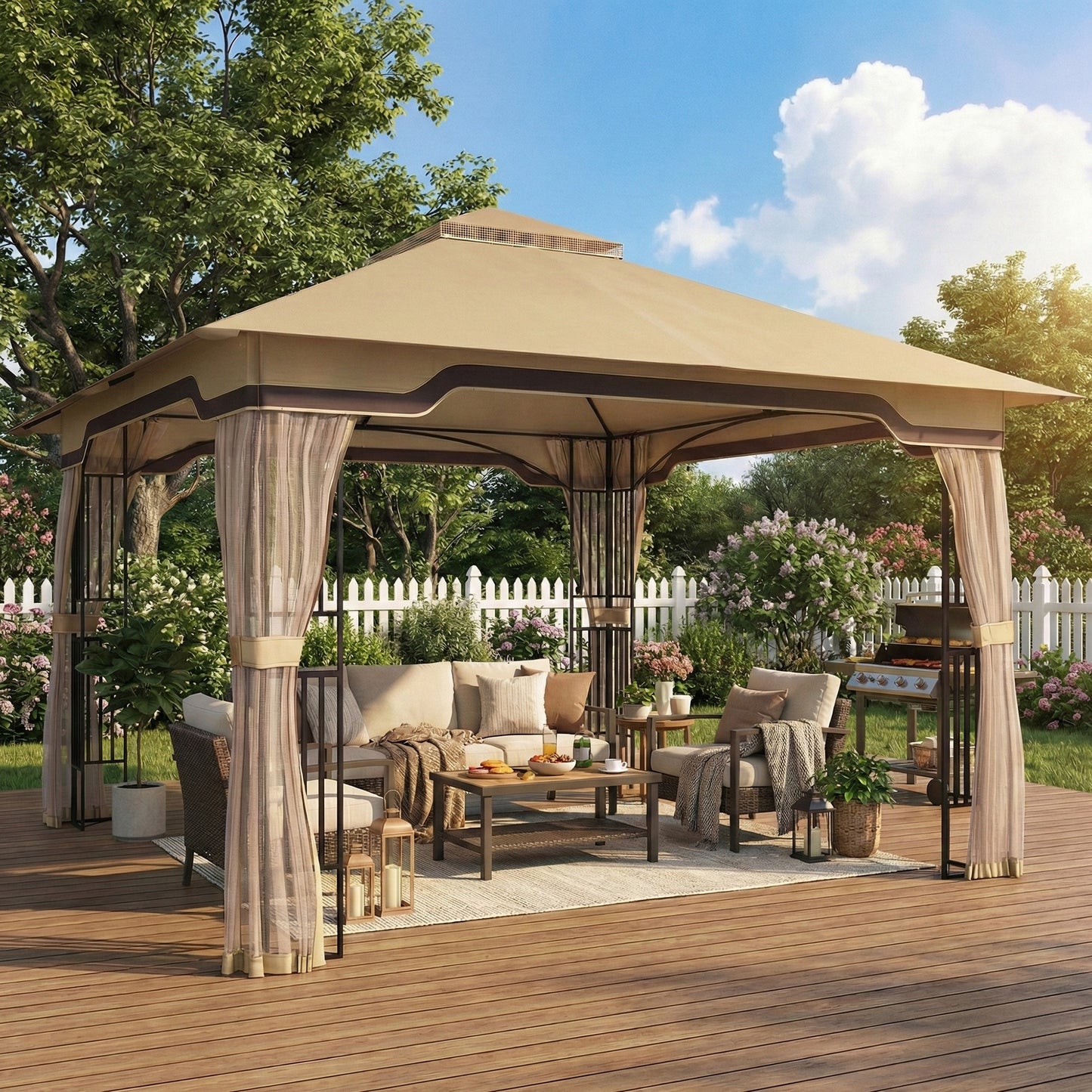 Outsunny 3.3 x 3.3 m Outdoor Garden Gazebo With Post Shelves Hook Khaki UPF50 Plus Patio Permanent Pavilion