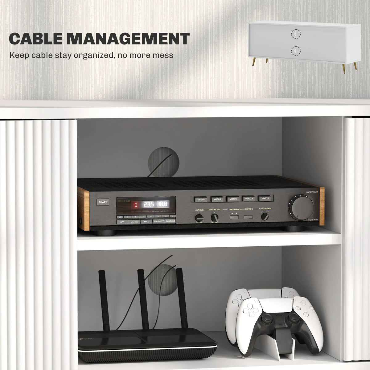 White TV stand interior showing cable management opening and media space on shelves
