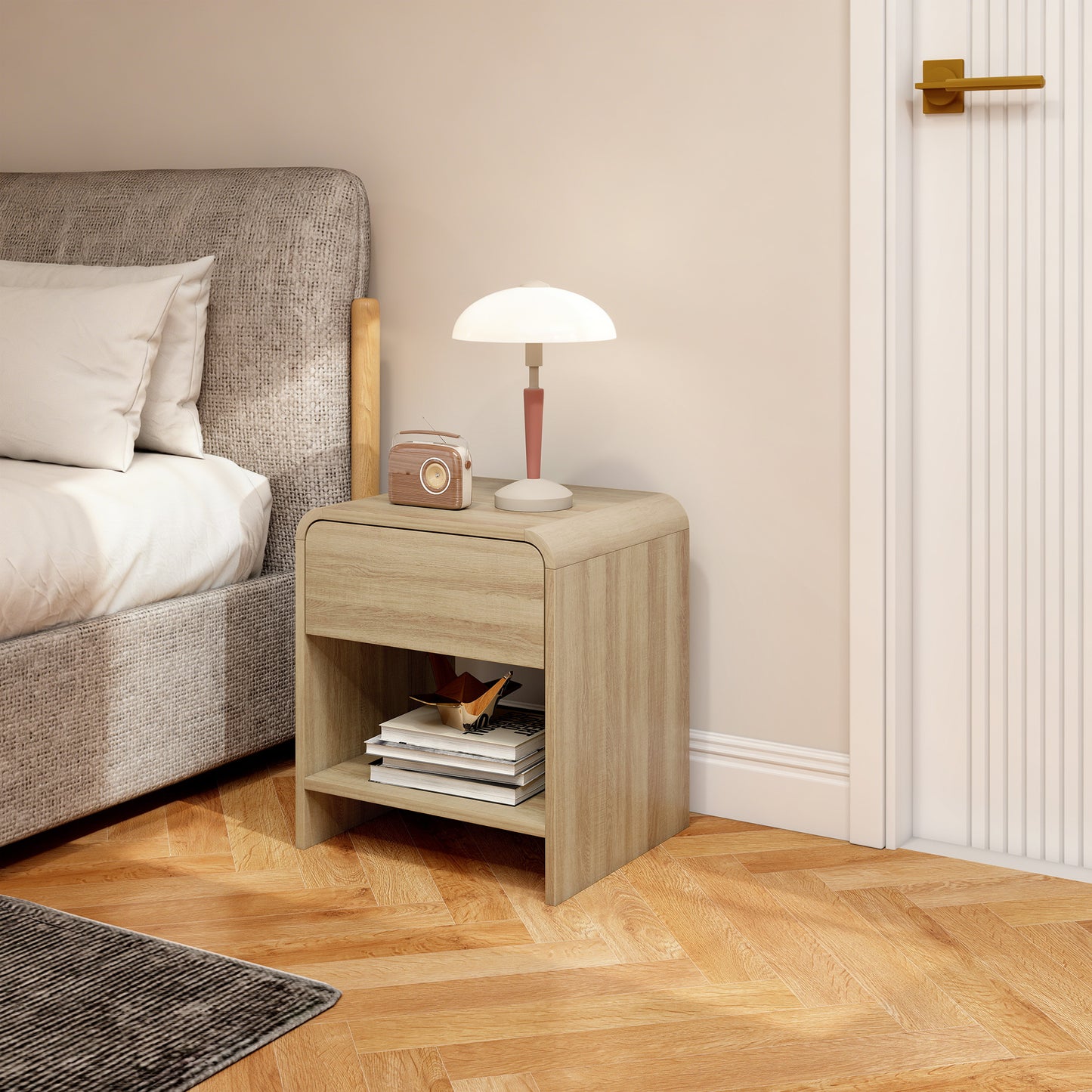 HOMCOM Bedside Tables Set Of 2 With Rounded Corners Modern Nightstands Silent Drawers For Bedroom Natural Finish