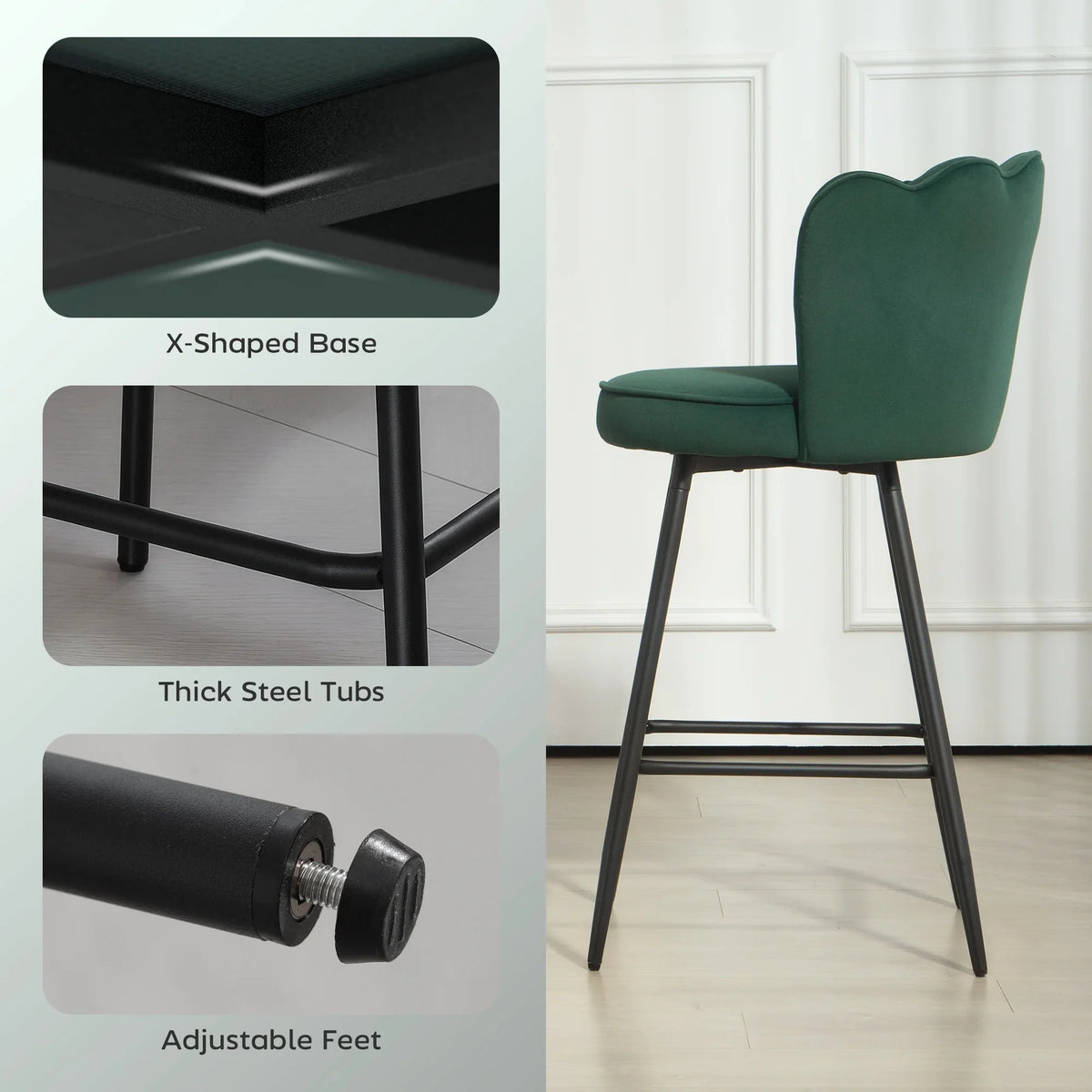 Dark green bar stool with X-shaped steel base, adjustable feet, and thick cushioned seat
