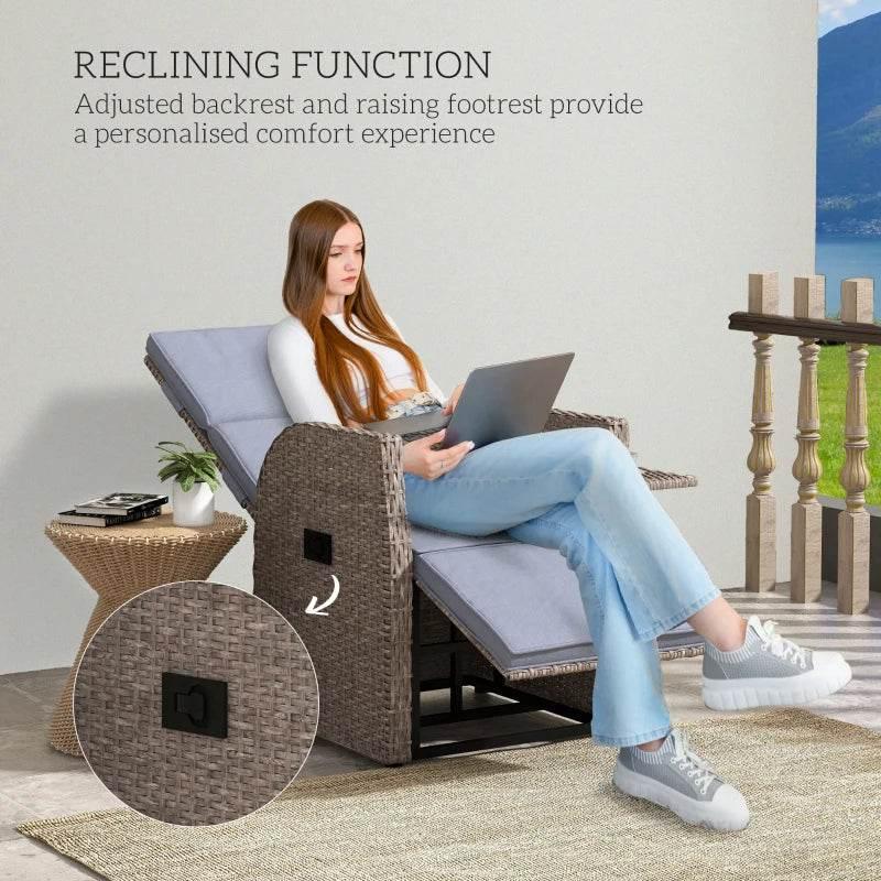 Brown PE rattan recliner chair with light-blue padded back and open footrest
