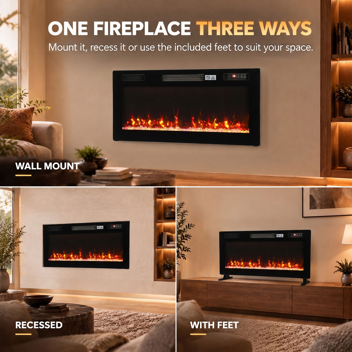 Electric fireplace shown in three installation styles: wall mount, recessed, and with feet