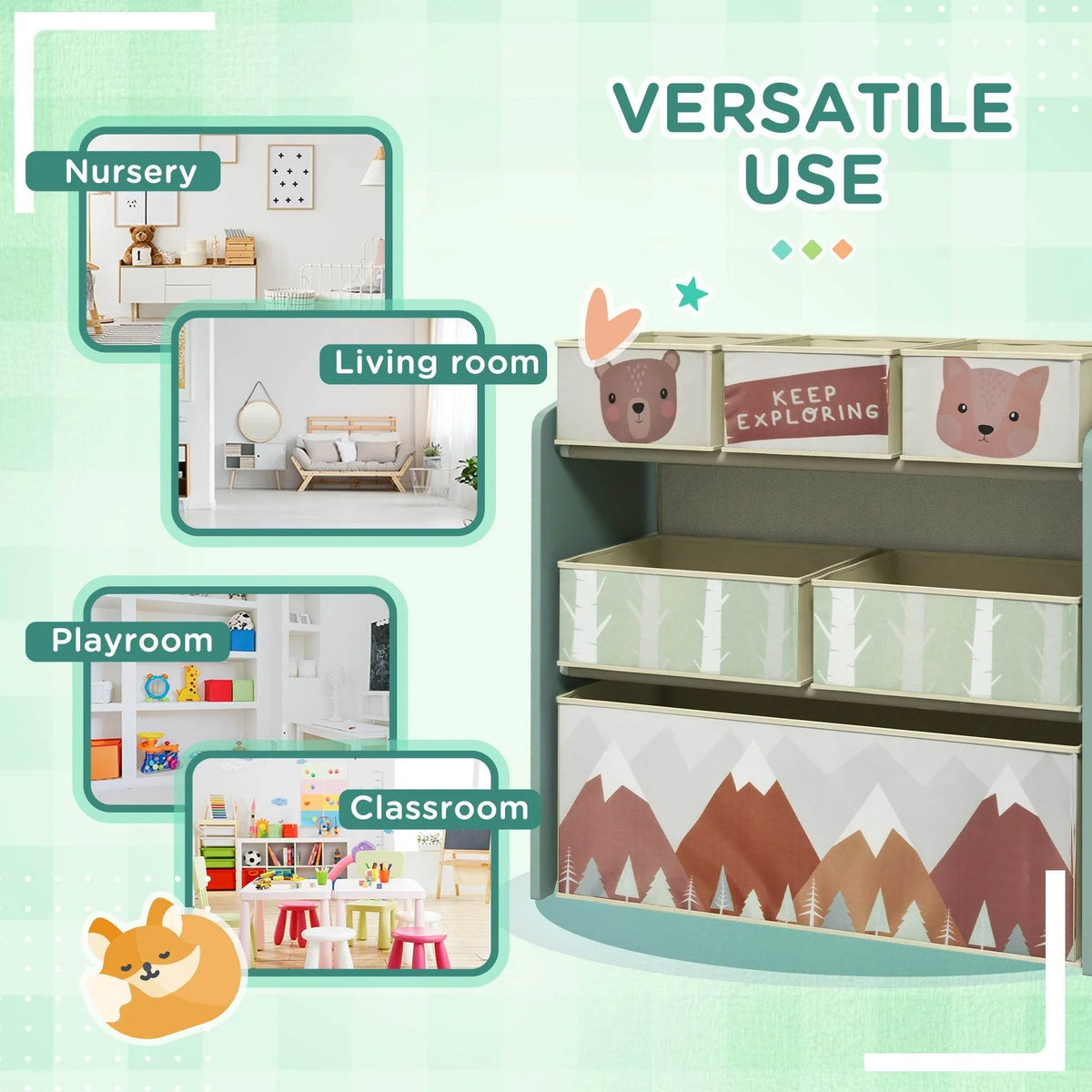 Kids green storage unit with fabric bins for nursery, playroom, and living room