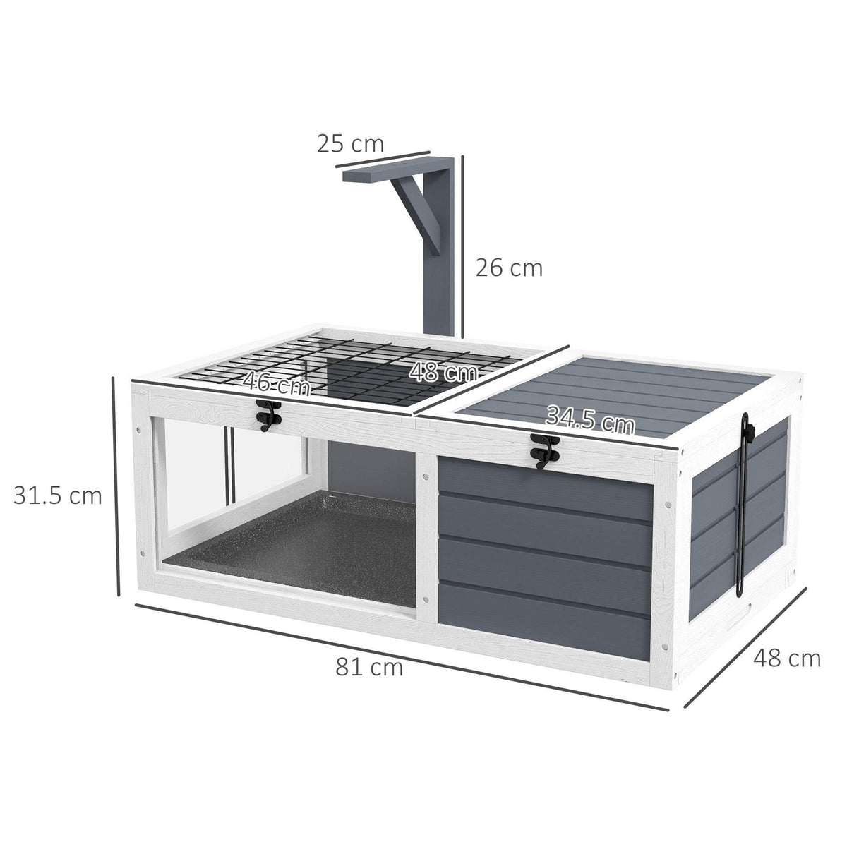 White and gray wooden tortoise habitat with wire mesh top, two openings, and lamp holder