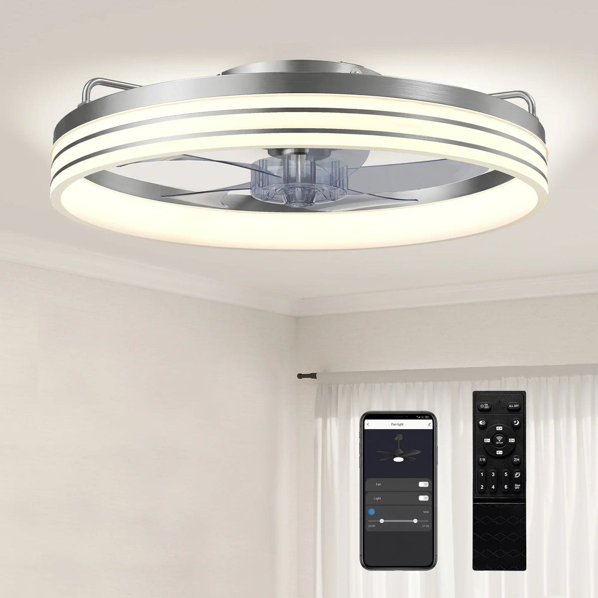 LED ceiling fan with smartphone app control and handheld remote shown
