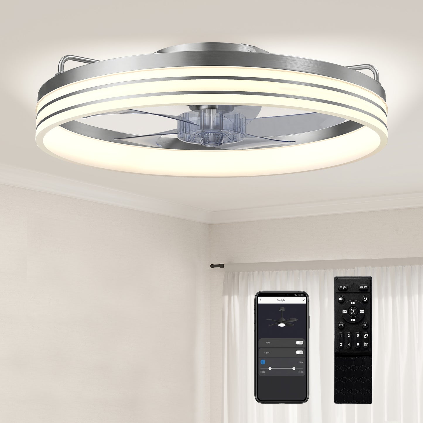 HOMCOM Ceiling Fans With Lights Remote App Control 50cm LED Ceiling Fan Light 3 Colour Temperatures 6 Speed Silver