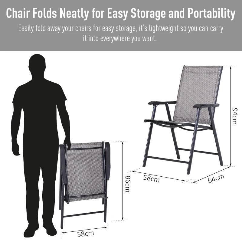 Grey folding patio chair with armrests shown folded for easy storage