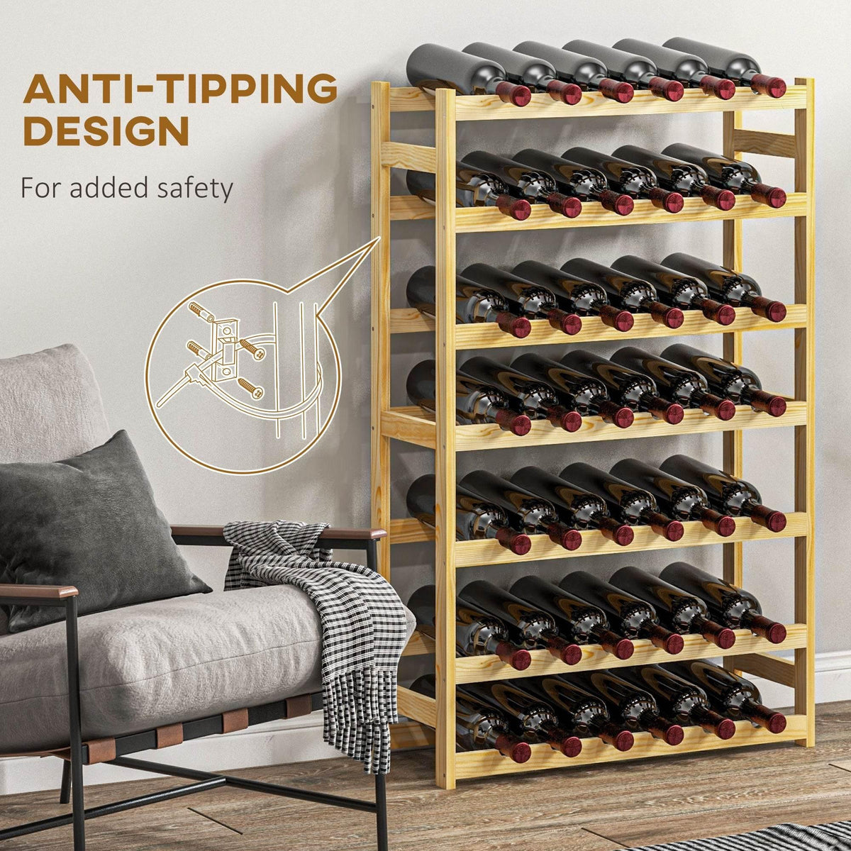 Pine wood wine rack with anti-tipping wall strap and horizontal bottle cradles