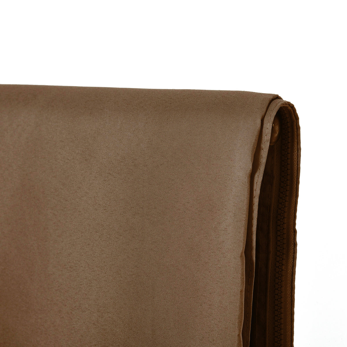 Rolled dark brown gazebo privacy curtain panel with neatly finished edge