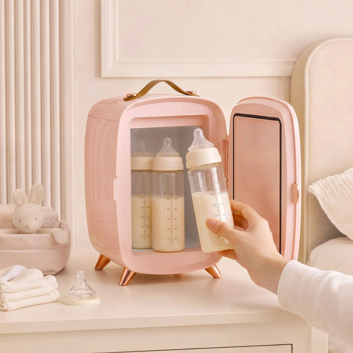 Pink mini fridge with door open, holding baby bottles and skincare bottles