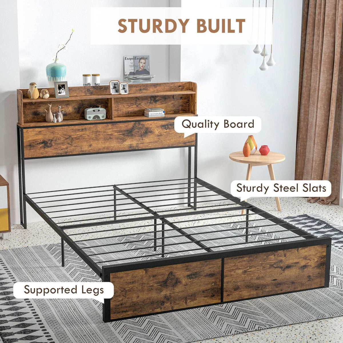 Industrial king bed frame with steel slats, supported legs, and under-bed storage drawers