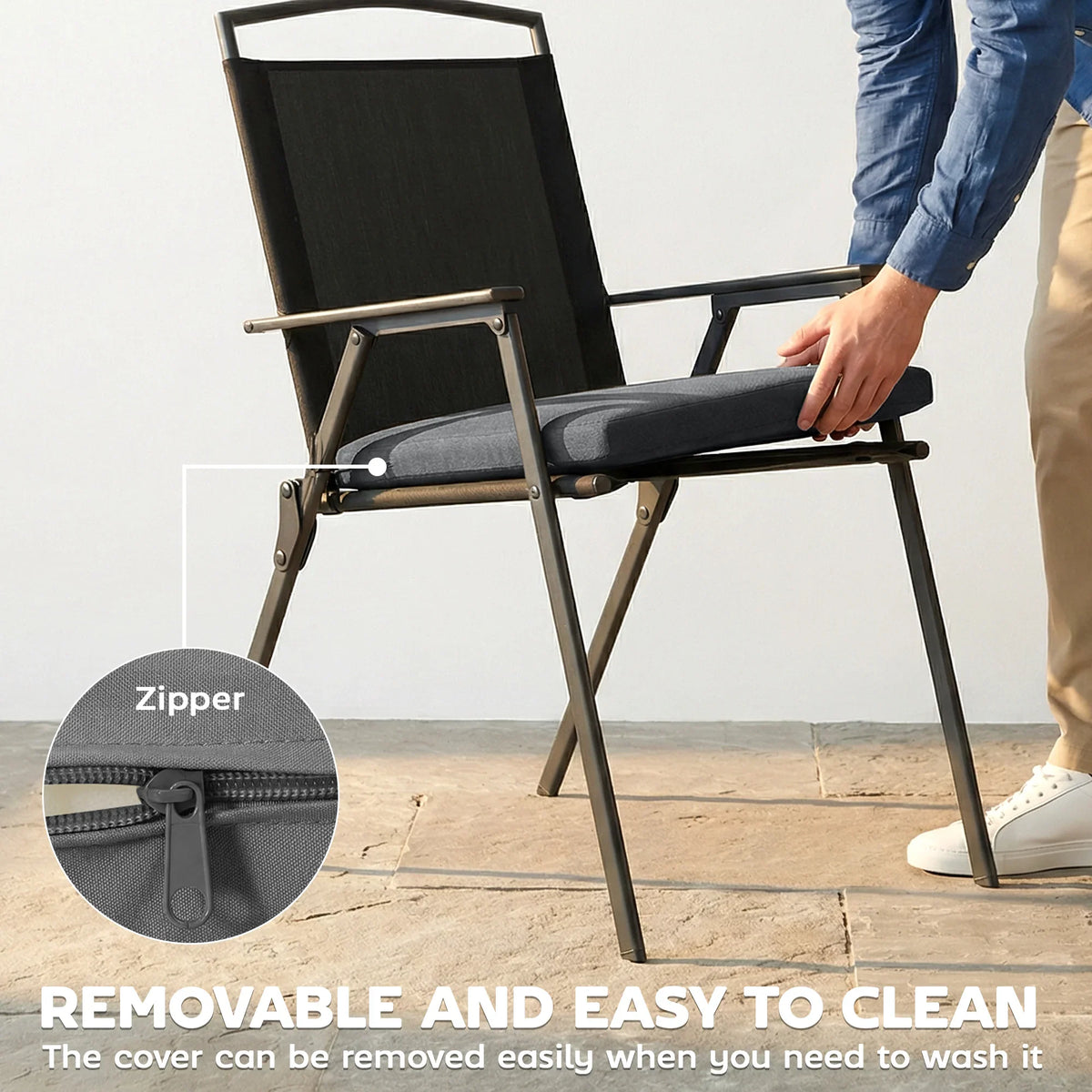 Dark gray outdoor seat cushion with zipper for easy removable cover