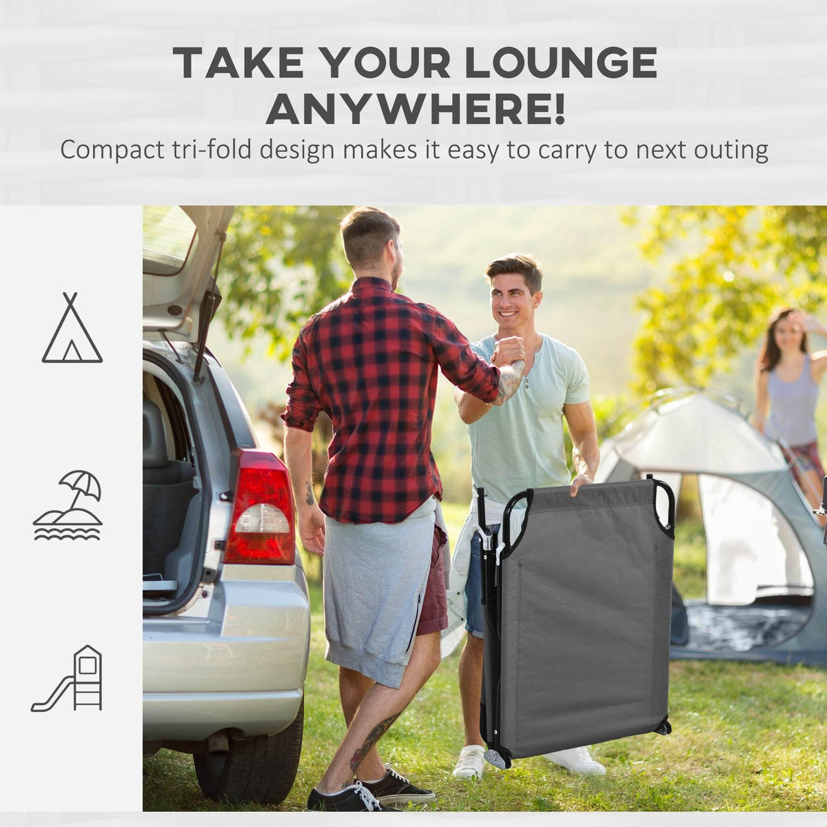 Foldable dark grey sun lounger set with carrying bag, compact travel design